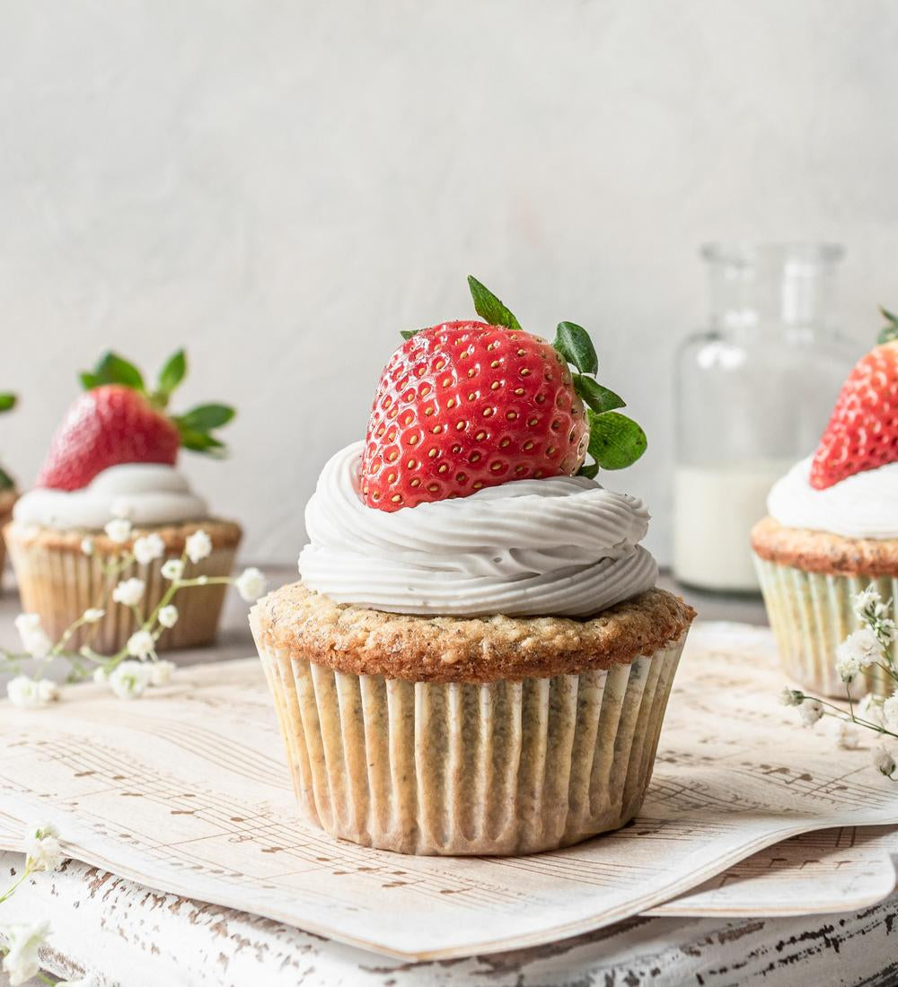Vanilla Hemp Heart Cupcakes with Strawberries and Cream